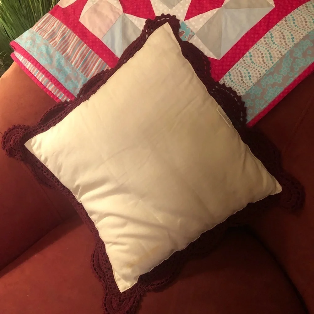 Hand Crochet Lace Top Cotton Maroon Accent Pillow with Scalloped Trim 16”